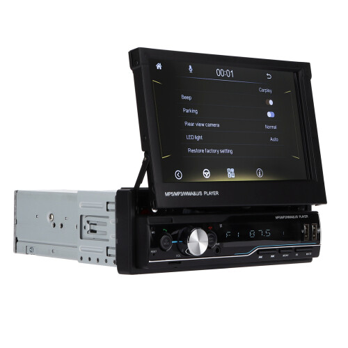 Single Din Car Multimedia Receiver with Apple Carplay Technology, Touchscreen Flip Out Stereo System with Android Auto Bluetooth and Backup Camera, 2
