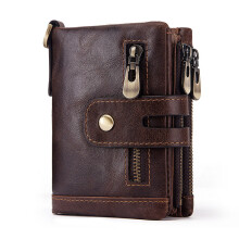 Bifold Wallet Double Zipper Coin Pocket Genuine Leather Wallet With Chain RFID Blocking Anti Theft Chain Soft Texture Enhanced Security Durable