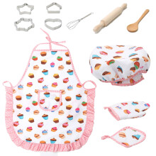 Kids Chef Costume with Wooden Kitchen Tools, Pretend Play Set Including Dress-Up Outfit and Safe Baking Accessories, Machine Washable Materials for