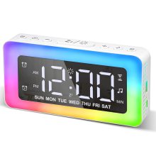 Modern Alarm Clock, 8 Color LED Mirror Display, Dual Alarms with Snooze, USB Charging Port, 8 RGB Lights, Adjustable Brightness & Wake-up Sounds