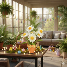 Decoración Margaritas fieltro en maceta de jardín