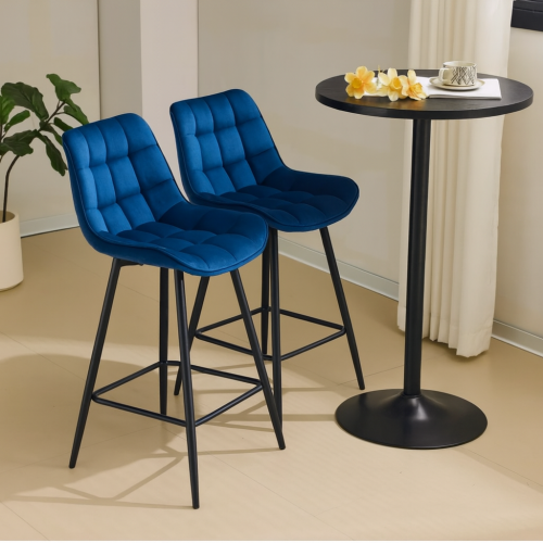 Set of 2 Blue Velvet Modern Kitchen Bar Stools 1