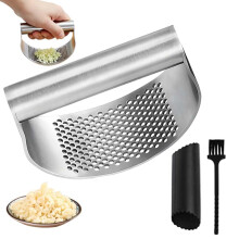Stainless Steel Garlic Press Rocker, Heavy Duty Garlic Mincer with Peeler and Cleaning Brush