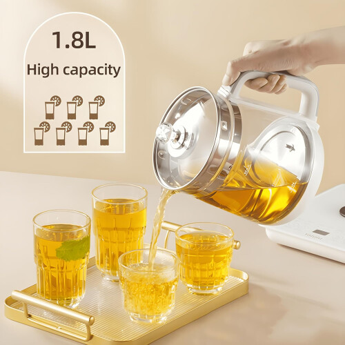 Electric Glass Tea Kettle with Precise Temperature Control, Floral Infuser, White Base 1