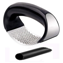 Stainless Steel Garlic Press Rocker with Peeler, Ergonomic Grip, Easy Clean, Black