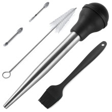 Stainless Steel Turkey Baster Set with HeatResistant Silicone Bulb and Cleaning Brush for Roasting