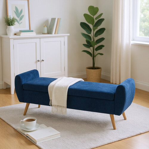 Living And Home Chenille Upholstered Storage Bench, Blue