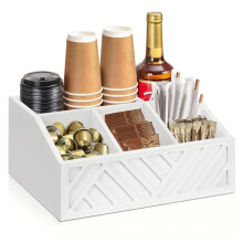 Rustic Wooden Paper Plate Holder and Utensil Caddy with 5 Compartments for Kitchen Countertop