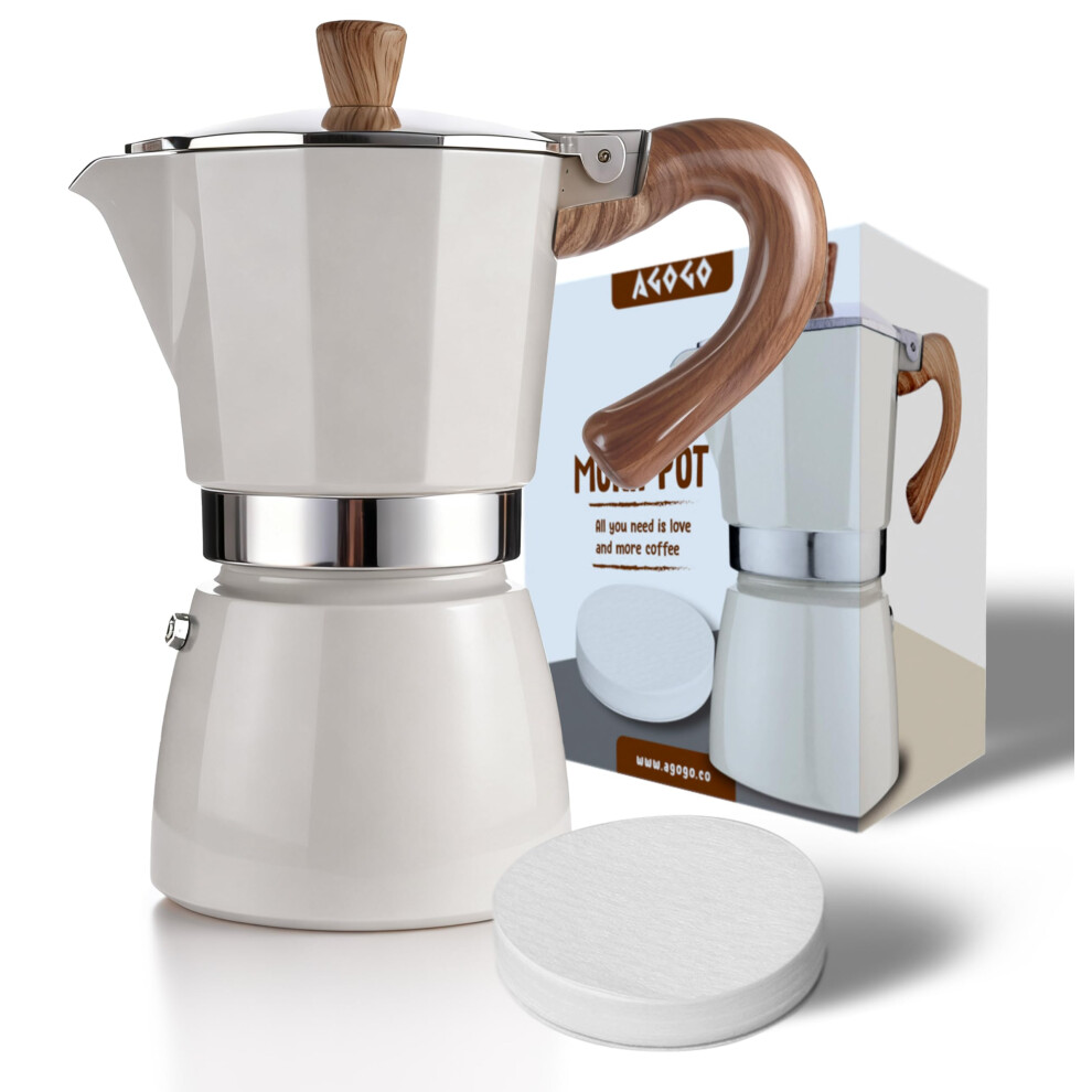 6 Cup Moka Pot Stovetop Espresso Maker With Paper Filters, Safety Valve, 300Ml Cream