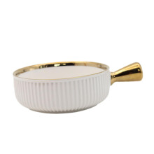 Ceramic Salad Bowl with Gold Rim and White Handle, Versatile Fruit Serving Bowl for Parties
