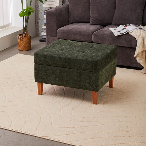 Living And Home Chenille Storage Bench with Rubberwood Legs, Green