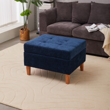 Chenille Storage Bench with Rubberwood Legs, Blue