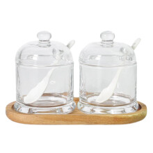 Glass Sugar Bowl Set with Lids Spoons and Tray, 10oz Clear Glass Condiment Jar Set for Kitchen Coffee Bar