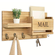 Wall Mounted Mail Organizer with Key Hooks, Rustic Wooden Entryway Holder with Shelf, 16.5x8.26 Inch