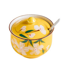Hand Painted Yellow Ceramic Sugar Bowl with Lid and Spoon, 10oz Durable Condiment Jar for Kitchen