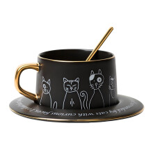 Black Cat Ceramic Coffee Cup with Saucer and Spoon, 8.5oz Mug with Golden Handle and Rim