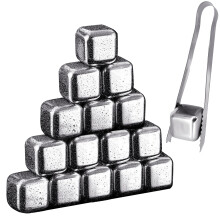 Stainless Steel Whiskey Stones Set of 16 Reusable Ice Cubes with Tong for No Dilution Cooling