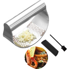 Garlic Press Rocker Stainless Steel Mincer with Peeler and Brush, Durable Crusher for Kitchen Use