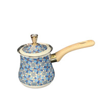 Stainless Steel Turkish Coffee Pot with Lid 900ml Long Wooden Handle Blue Pattern for Latte Art