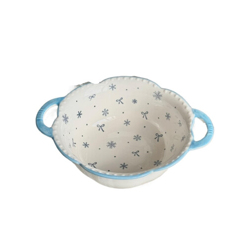 Large White Ceramic Serving Bowl 8.5 Inch Double Handle Soup Bowl with Elegant Butterfly Pattern
