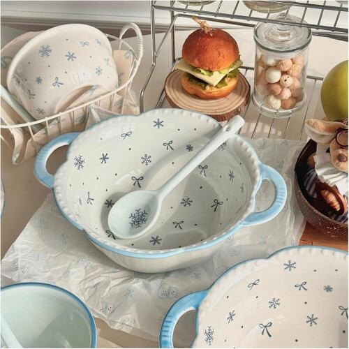 Large White Ceramic Serving Bowl 8.5 Inch Double Handle Soup Bowl with Elegant Butterfly Pattern 1