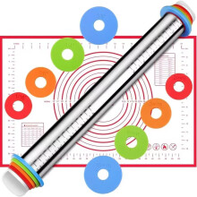 17 Inch Adjustable Stainless Steel Rolling Pin with Thickness Rings and NonSlip Pastry Mat for Baking