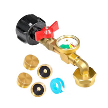 Propane Refill Adapter with Gauge, Durable Brass 1 lb Bottle Connector with On Off Valve for Outdoor Use