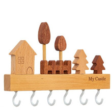 Wall Mounted Wooden Key Holder with House Design and 6 Hooks for Entryway Organization