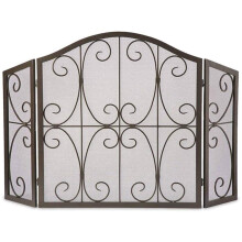 Arched 3 Panel Wrought Iron Fireplace Screen Baby Safe Fire Guard with Vintage Scroll Design 52x31in