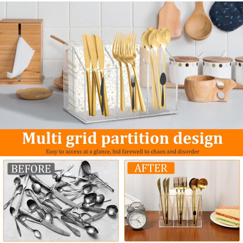 Acrylic Silverware Caddy with Compartments, Transparent Utensil Holder with Nonslip Base for Kitchen Dining Table 2