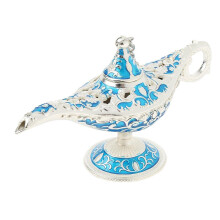 Vintage Metal Genie Lamp with Lid, Antique Style Arabian Decor Collectible Silver Blue