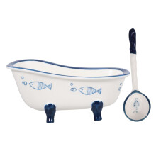 Ceramic Dessert Bowl Bathtub Shape with Spoon Hand Painted Blue Fish for Candy Fruit Salad