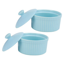 Ceramic Ramekins with Lids, Oven Safe Small Baking Bowls for Desserts, Custard, Salad, Blue Set of 2