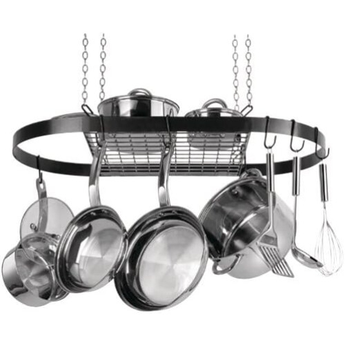 Black Oval Hanging Pot Rack, Durable Enameled Steel, SpaceSaving Ceiling Mounted Design 2