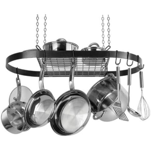 Black Oval Hanging Pot Rack, Durable Enameled Steel, SpaceSaving Ceiling Mounted Design 1