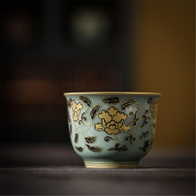 Handmade Ceramic Tea Cup with Gold Accents, Large Asian Style Drinking Bowl, Dishwasher Safe