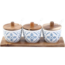 Ceramic Spice Jar Set with Airtight Bamboo Lids, ThreePiece Sugar and Salt Bowls on NonSlip Tray