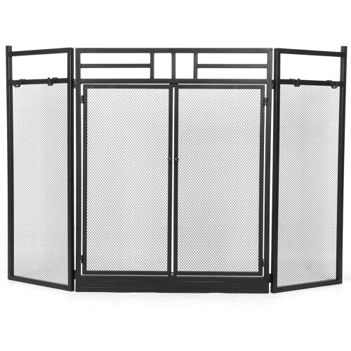 Fireplace Screen with Doors and Tools, Fireproof Foldable Black Metal, Child Safety Protection