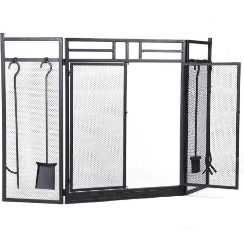 Fireplace Screen with Doors and Tools, Fireproof Foldable Black Metal, Child Safety Protection 2