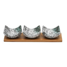 Ceramic Sauce Dish Set of 3 with Bamboo Tray, Japanese Style Appetizer Plates for Sushi and Condiments