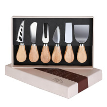 6Piece Stainless Steel Cheese Knife Set with Oak Handles and Cheese Curler for Charcuterie Board
