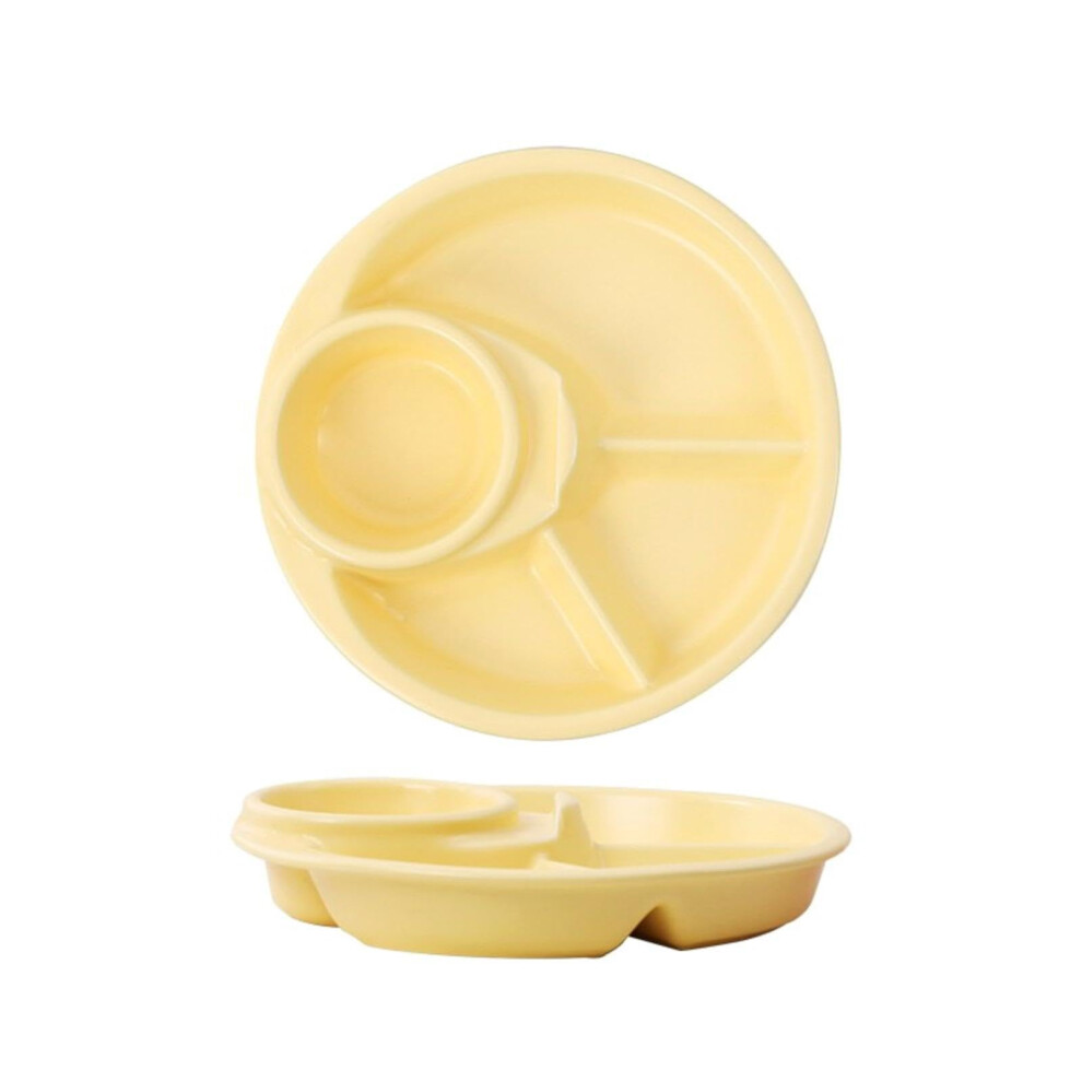 Kids Divided Dinner Plate with Fork Spoon, Nordic Style Plastic 3 Compartment Microwave Safe Dish, Yellow