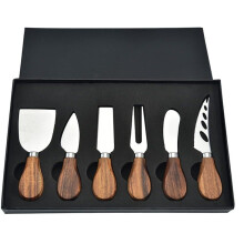 6 Piece Cheese Knife Set with Stainless Steel Blades and Wooden Handles Gift Box