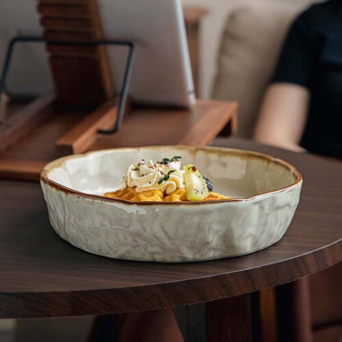 8 Inch Ceramic Serving Bowl with Irregular Wave Texture, 870ml Large Capacity Soup Plate 1
