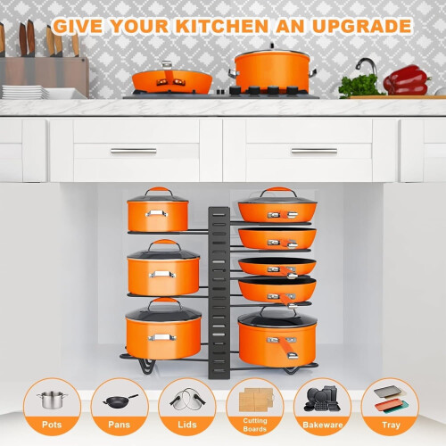 Adjustable 8Tier Pot and Pan Organizer Rack with Hooks for Kitchen Cabinet Storage, Black 1