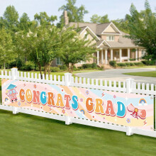 Hippie Graduation Fabric Banner 2024, Retro Boho Photography Backdrop 80s Style, Congrats Grad Yard Sign 24x71in