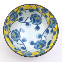 Japanese Oribe Ware Peony Rice Bowl 4.7in Yellow Blue Mino Porcelain Made in Japan Microwave Safe