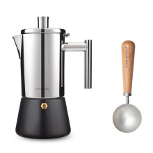 Stainless Steel Stovetop Espresso Maker 4 Cup Induction Moka Pot with Walnut Handle and Spoon