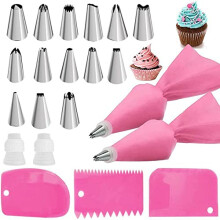 Pink Cake Decorating Kit with 14 Piping Tips, Silicone Reusable Pastry Bag Set for Beginners