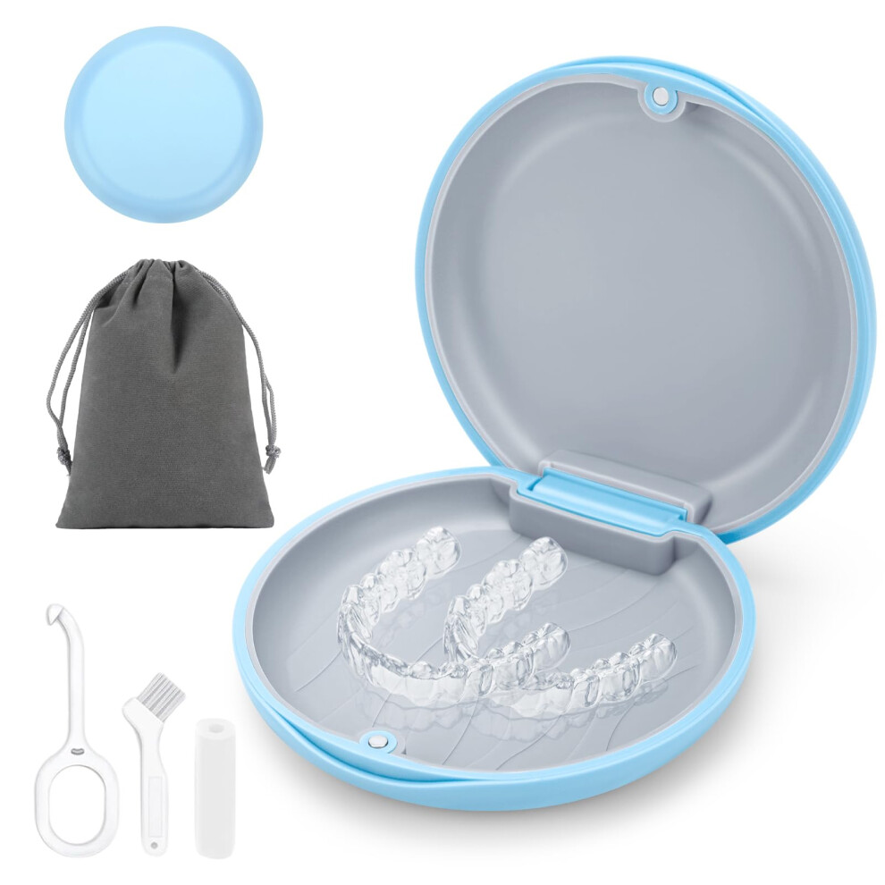 Blue Retainer Case With Magnetic Secure Closure, Compact Storage Box For Invisalign Aligners, With Removal Tool And Cleaning Kit